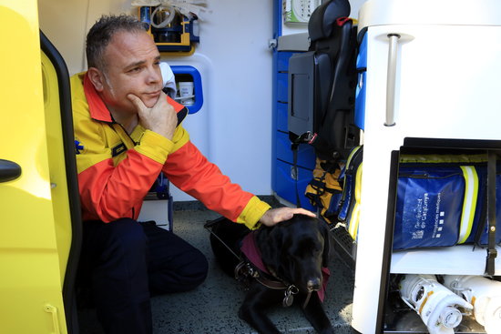 An emergency medical technician with an assistance dog in an ambulance (by Laura Fíguls)